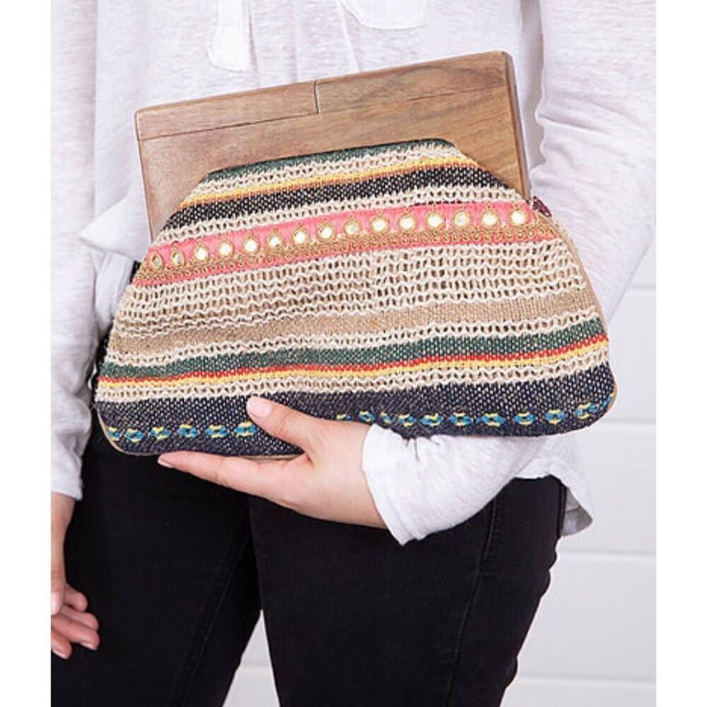 Lovestitch Wood Handle Clutch with Striped Jute/Cotton purse body , NWOT